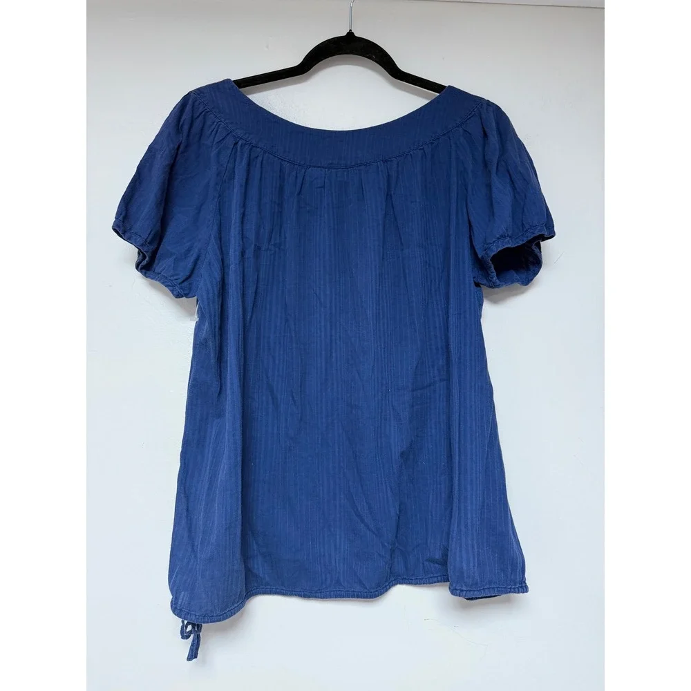St Johns‎ Bay Blue Peasant Top Blouse Womens L Short Sleeve Embroidered Neck - Picture 5 of 6